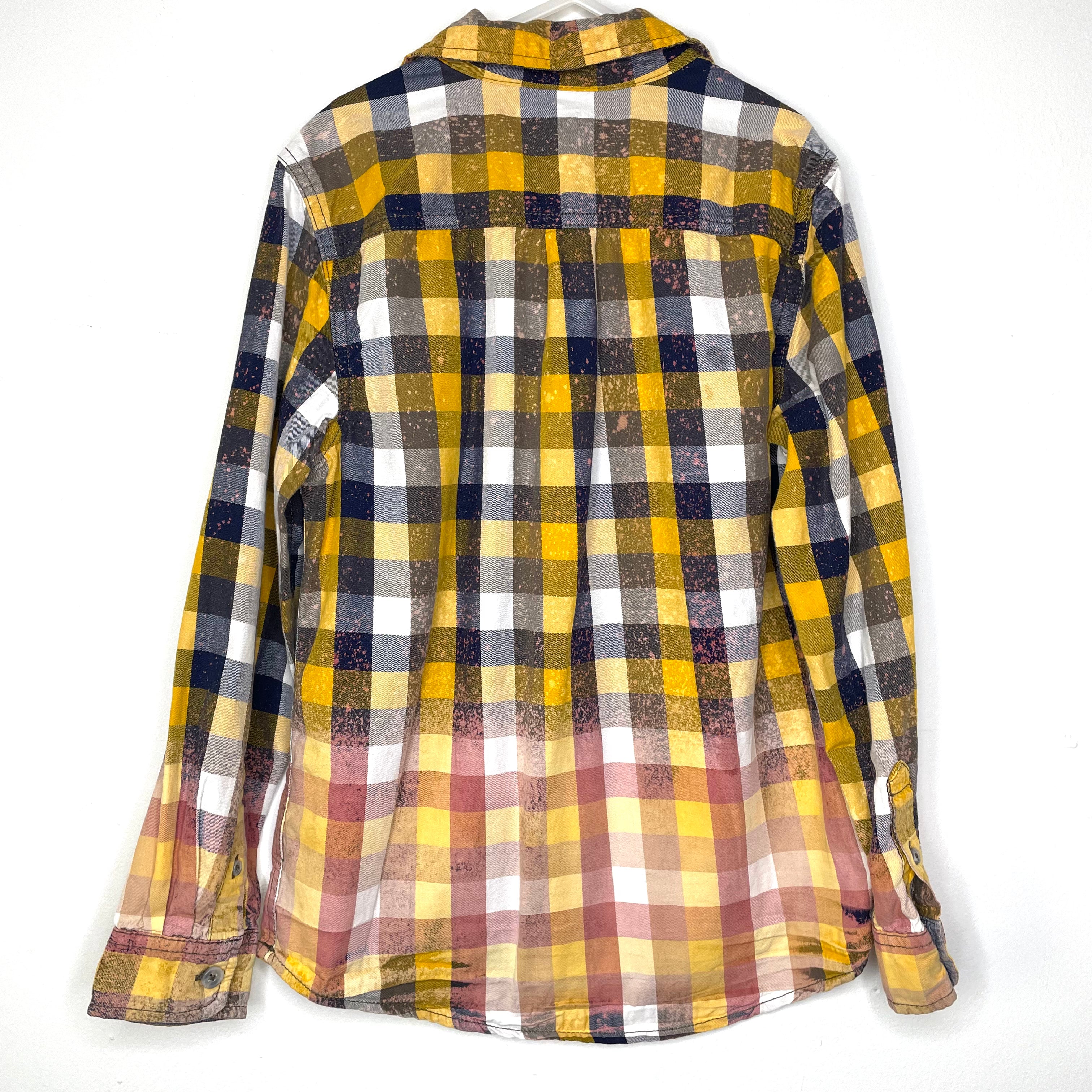 YOUTH Mustard and Navy Checkered Flannels for a Cause Foster Care Awareness Distressed Acid Washed Bleached Upcycled Flannel Button Up Size Medium 8/10