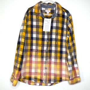 YOUTH Mustard and Navy Checkered Flannels for a Cause Foster Care Awareness Distressed Acid Washed Bleached Upcycled Flannel Button Up Size Medium 8/10