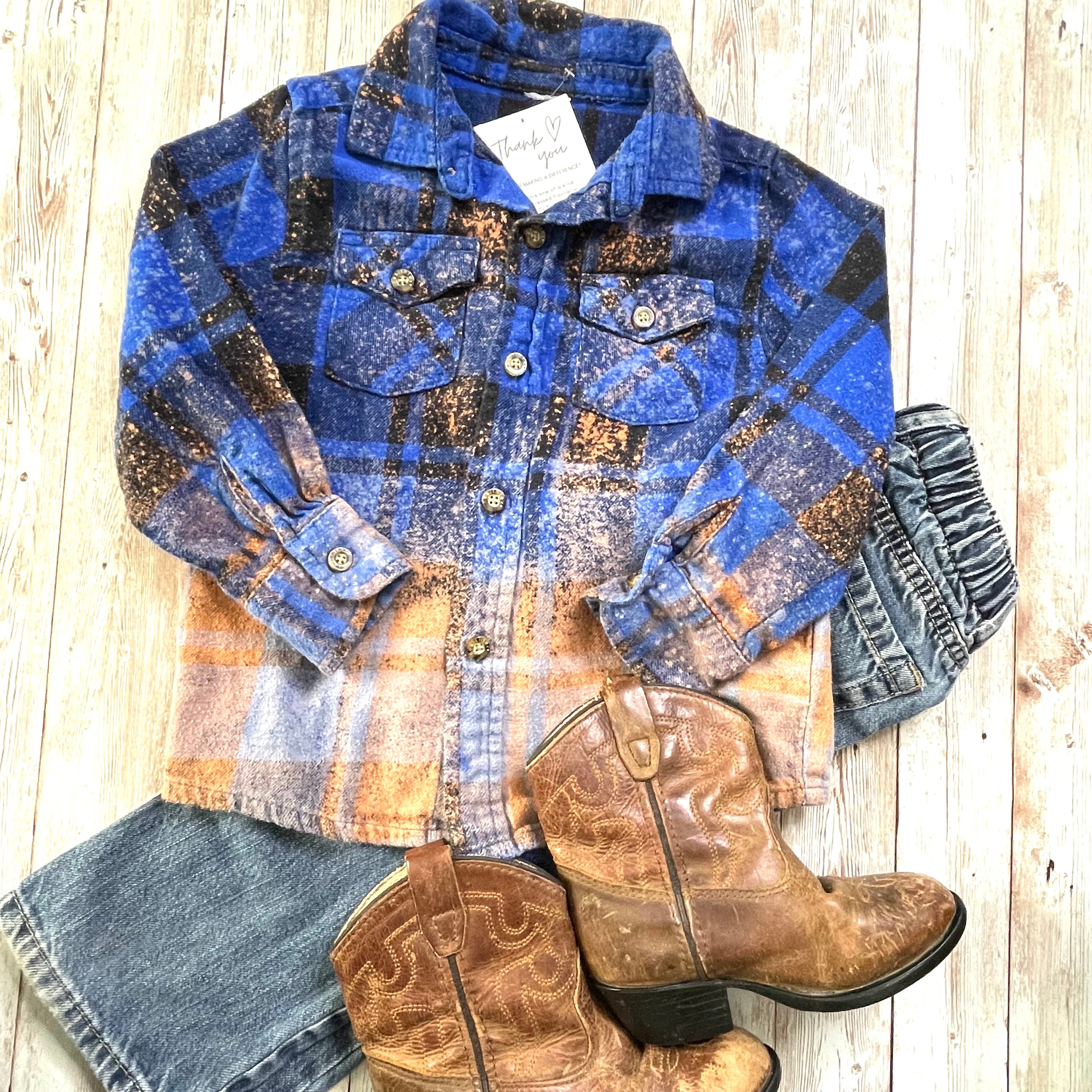 3T "Bullridin’ Blue" Flannels for a Cause Foster Care Awareness Toddler Distressed Acid Washed Bleached Flannel Button Up