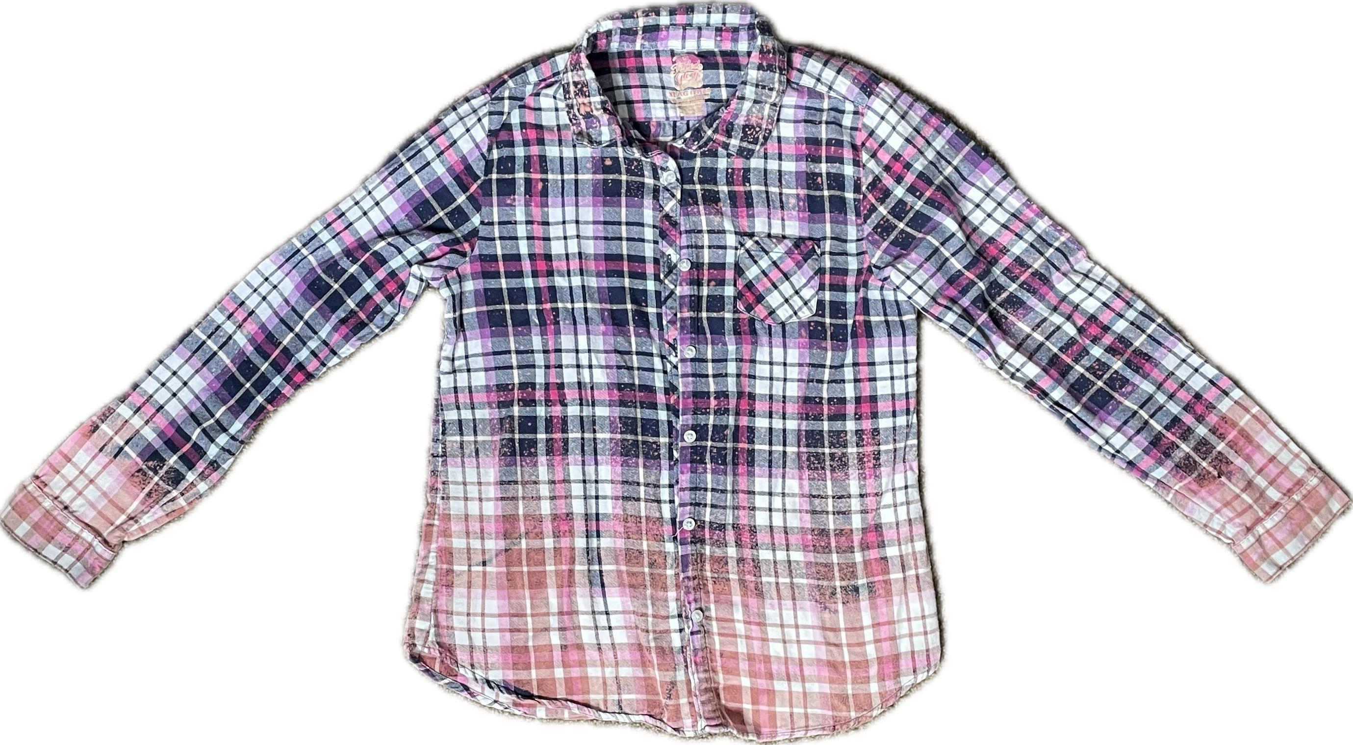 YOUTH Pretty in Pink Checkered Flannels for a Cause Foster Care Awareness Distressed Acid Washed Bleached Upcycled Flannel Button Up Size XL 14/16