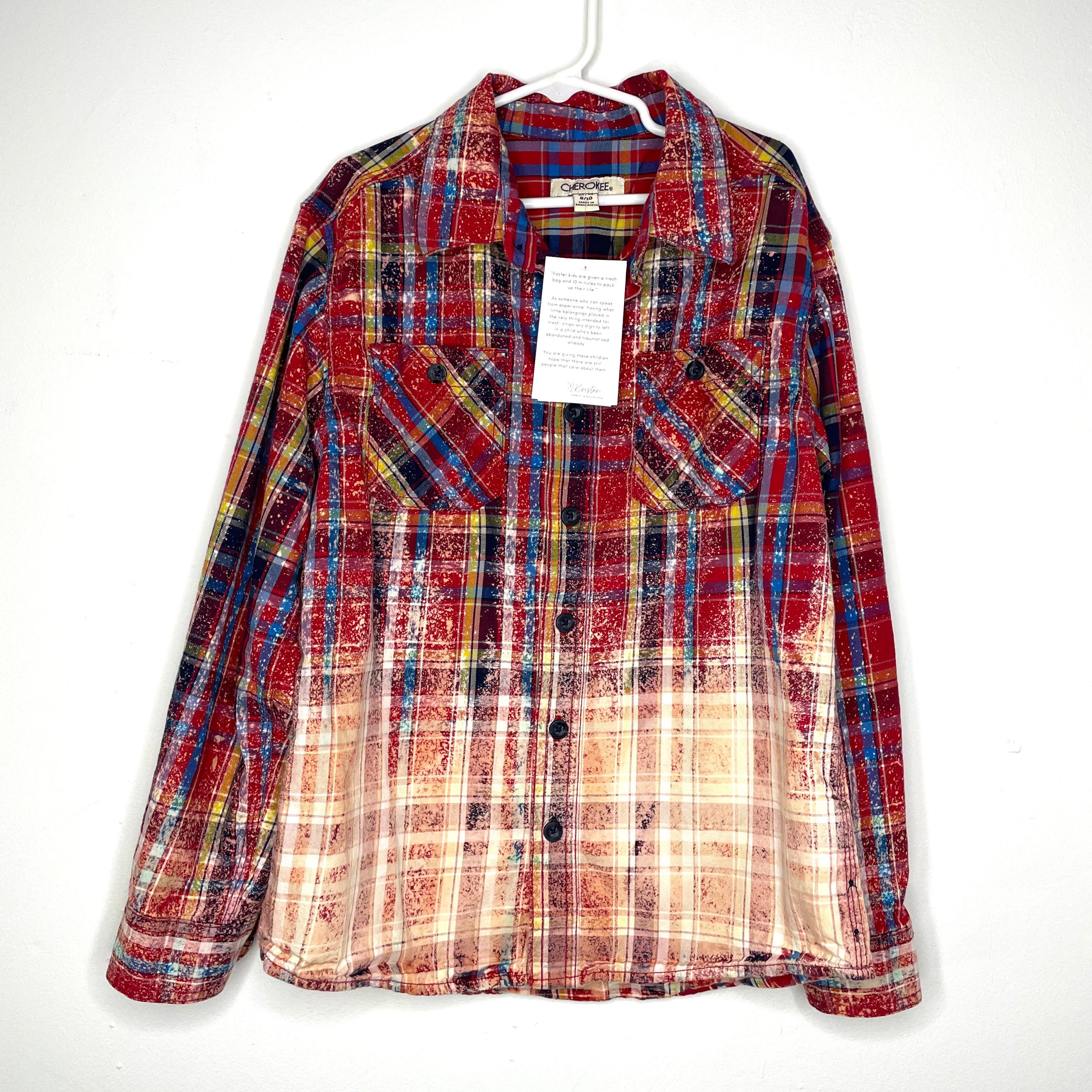 YOUTH Red, Navy, and Mustard Bleached Distressed Acid Washed Flannel Button Up Size Medium 8/10