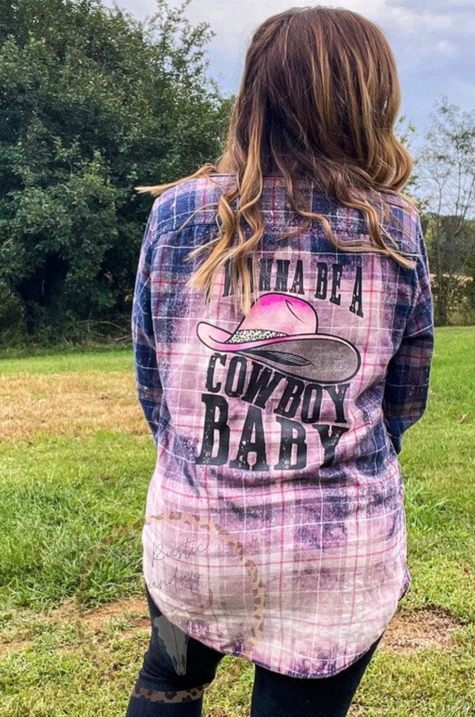 Midsize woman outdoors wearing Country Rock Music Bleached Flannel, influencer ootd