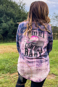 Midsize woman outdoors wearing Country Rock Music Bleached Flannel, influencer ootd