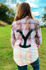 Load image into Gallery viewer, Midsize woman outdoors wearing bleached flannel with Yellowstone, influencer style, ootd
