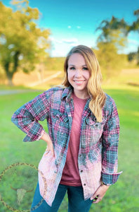 Midsize woman outdoors wearing bleached flannel with You Are Enough