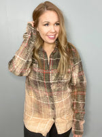 Load image into Gallery viewer, Olive and Brown Plaid Bleached Hand Distressed Acid Washed Flannel Button Up Size Medium
