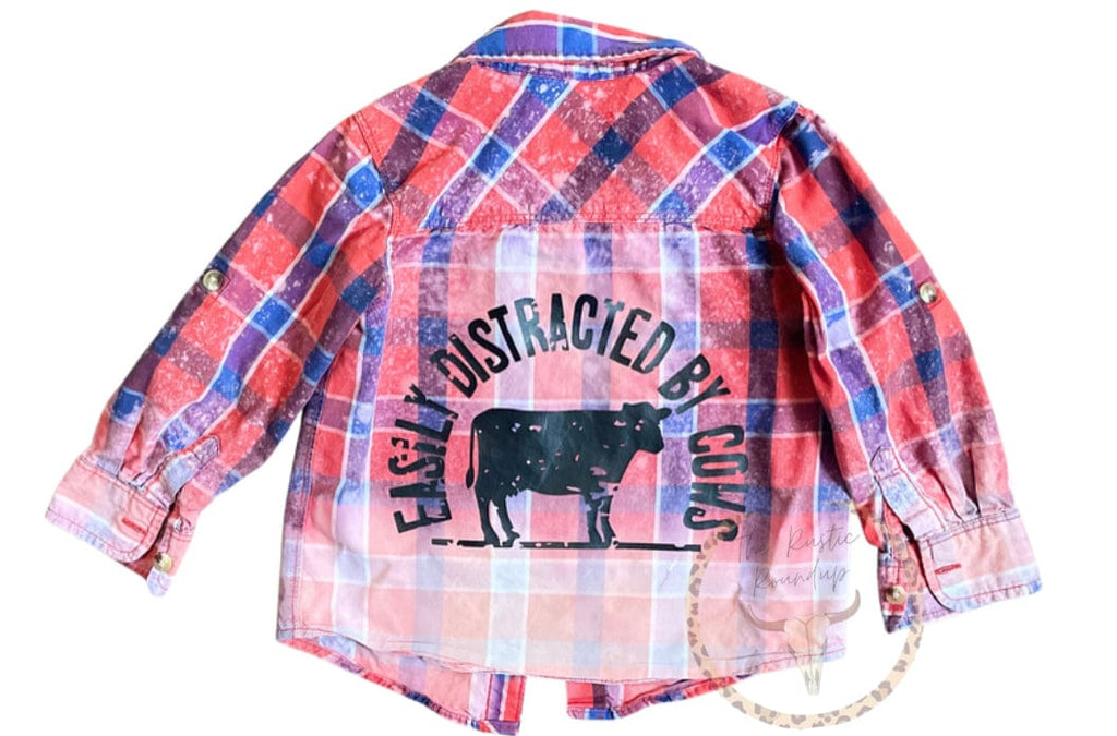 ToddlerEasily Distracted by Cows Distressed Acid Washed Bleached Flannel Button Up Size 2T