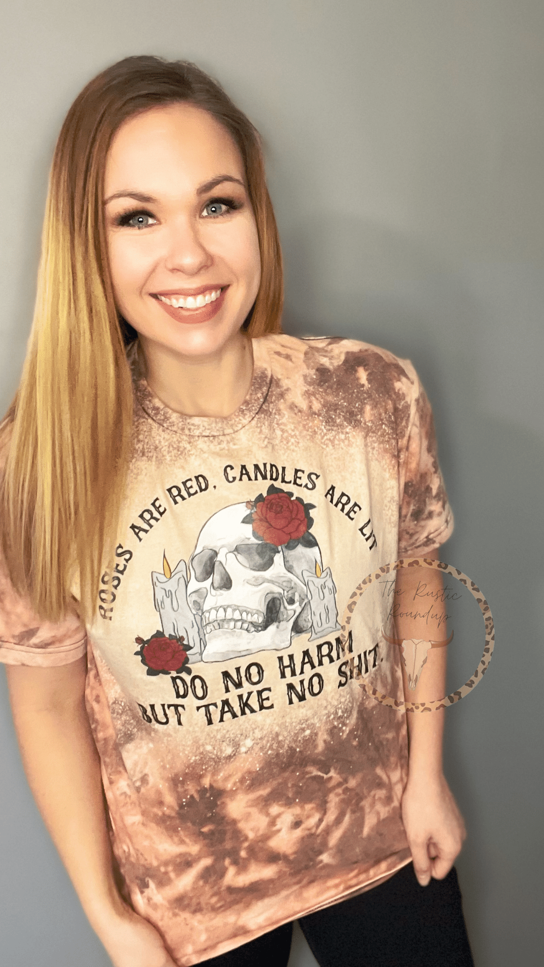 Roses are Red Candles are Lit Do No Harm But Take No Shit Skull Rose Unisex Bleached Acid Washed Distressed Tee