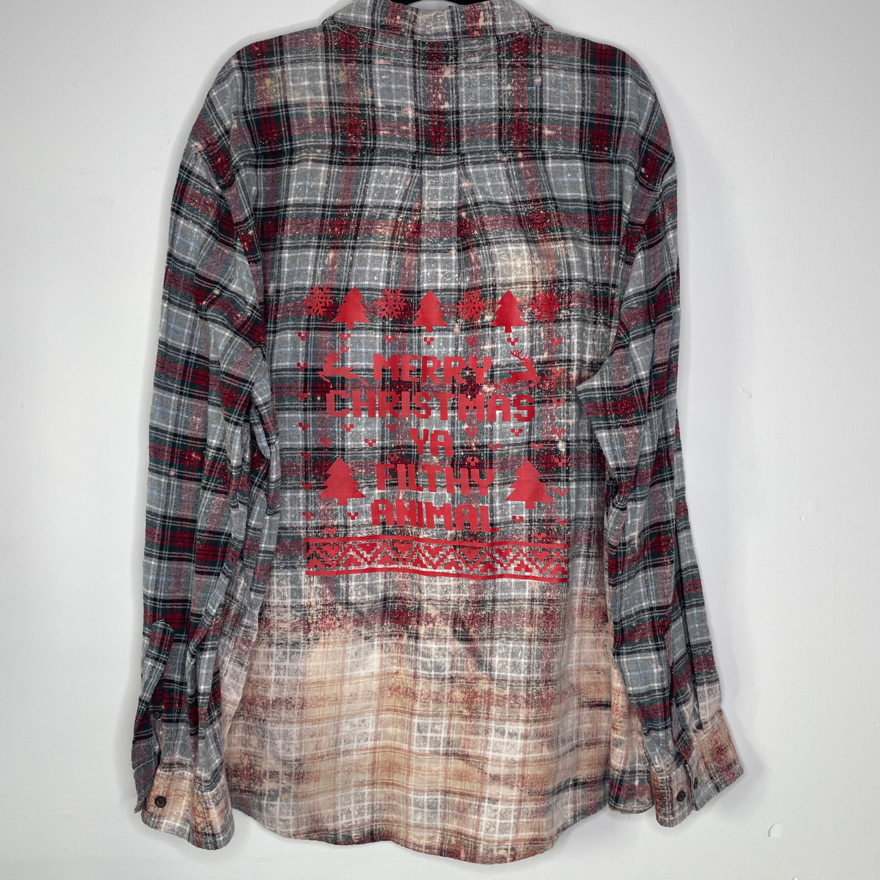 Merry Christmas Bleached Flannel Hand Distressed Upcycled Flannel Button Up Christmas Shirt Unisex Size 2X