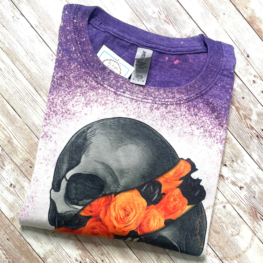 Split Skull with Orange Roses Bleached Unisex Tee RTS