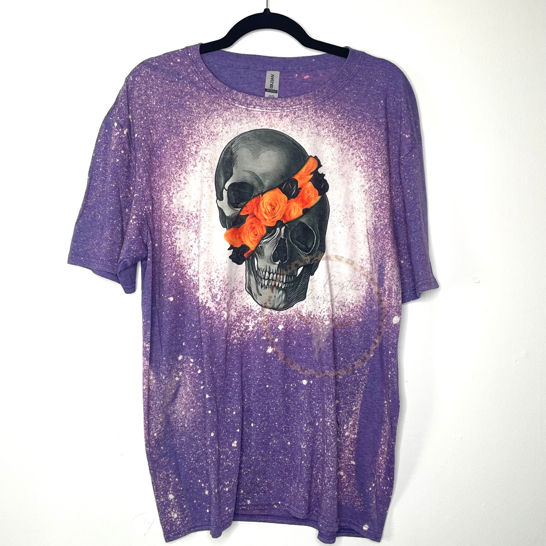 Split Skull with Orange Roses Bleached Unisex Tee RTS