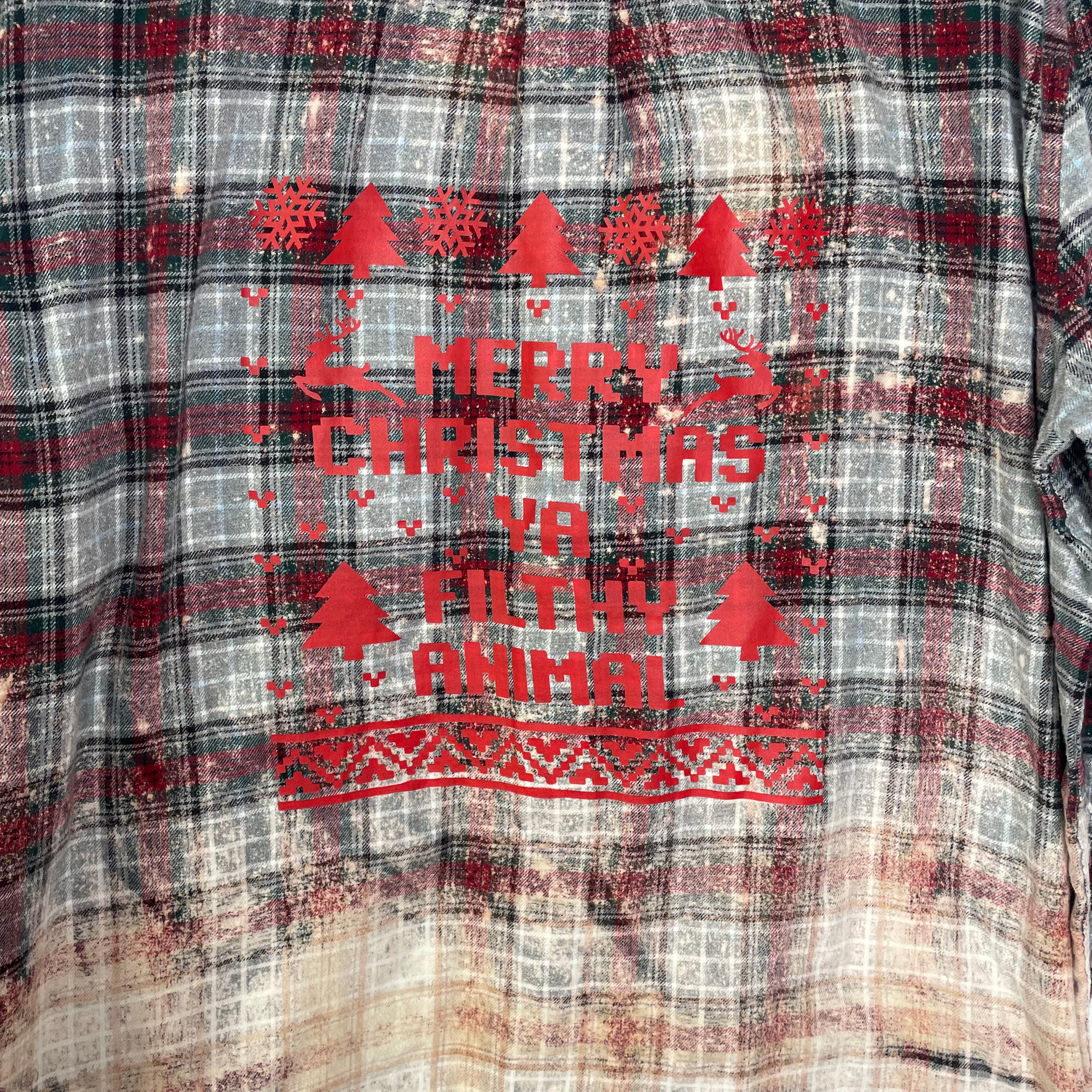 Merry Christmas Bleached Flannel Hand Distressed Upcycled Flannel Button Up Christmas Shirt Unisex Size 2X